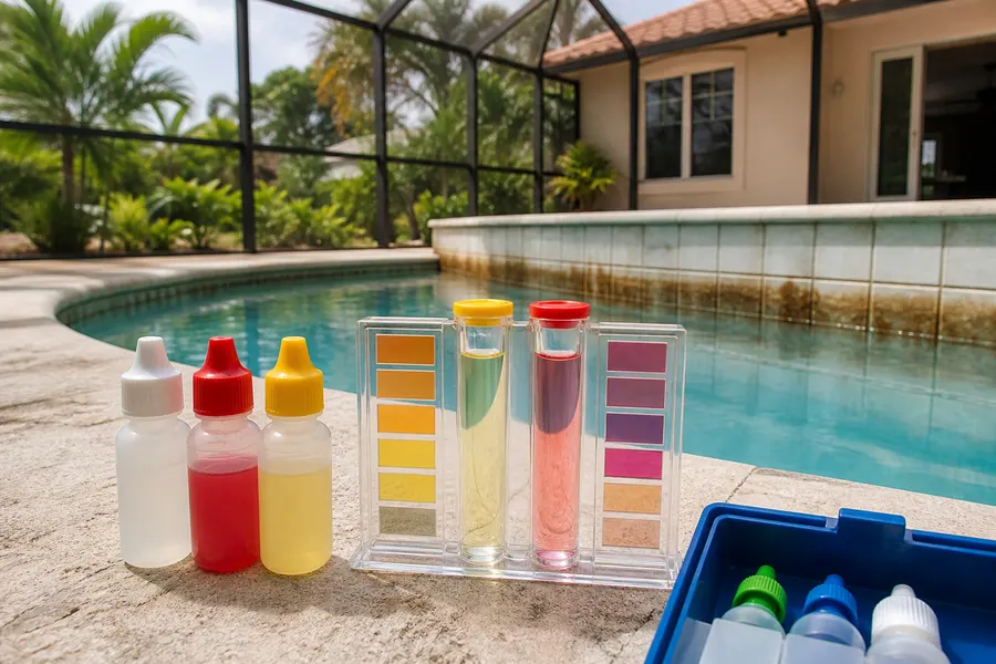 Pool water test kit showing chemical imbalance at a Florida screened pool