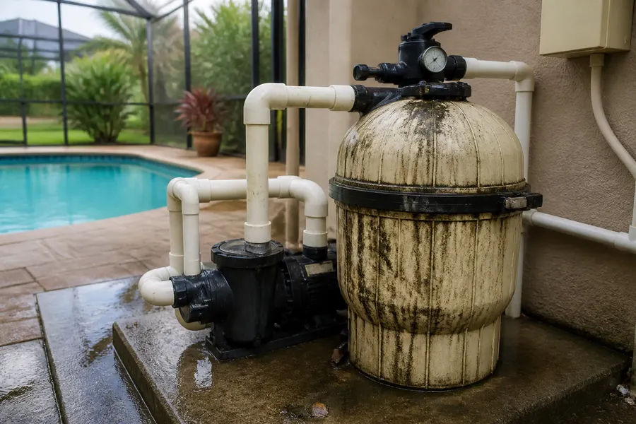 Pool pump and filter equipment strained by dirty pool water in Florida