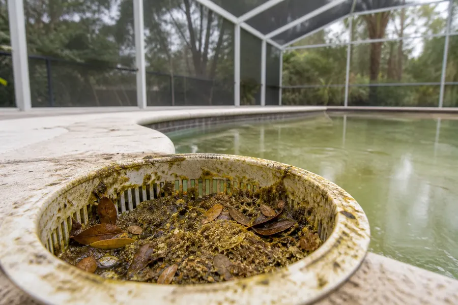 Pollen and debris clogging a screened pool skimmer in Central Florida