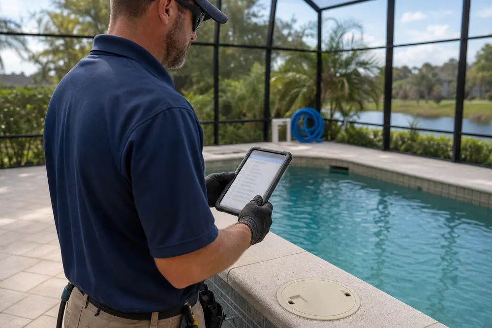 Pool inspection visit notes on a tablet beside a Florida pool